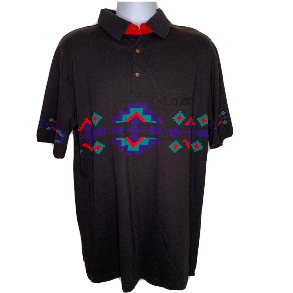 Vintage 1990s Cripple Creek Aztec Print Vibrant Retro Colors Polo Shirt Size XL